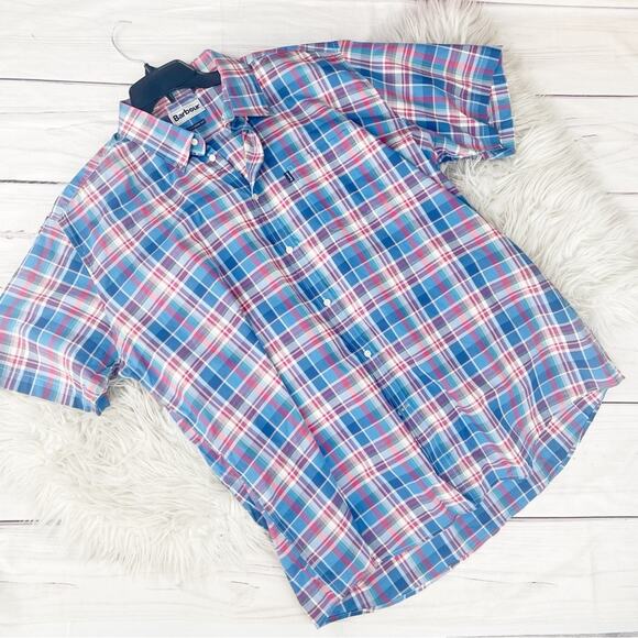 Barbour - Sport Shirt - Fred‎ Plaid Red Blue Short Sleeve Button Up Size XL - Picture 1 of 6
